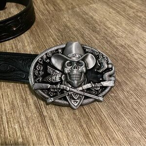 Black Leather Belt with Silver Cowboy Skull Buckle